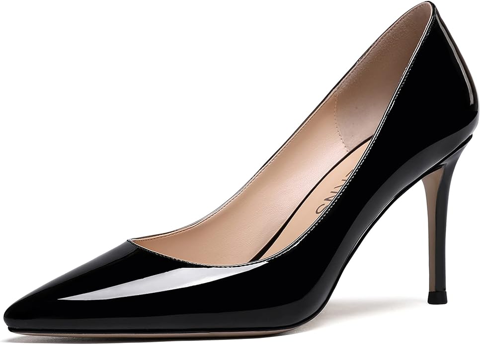 WAYDERNS Women Patent Leather Slip On Pointed Toe Solid Stiletto High Heel Pumps Shoes 3.5 Inch