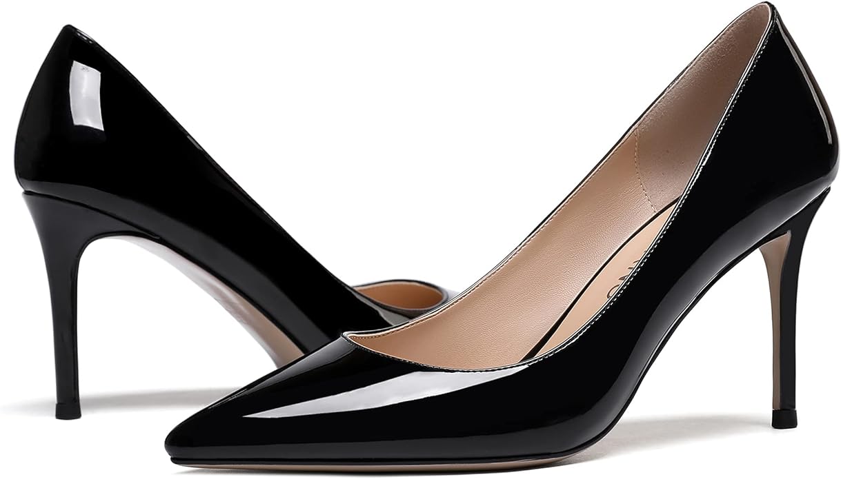 WAYDERNS Women Patent Leather Slip On Pointed Toe Solid Stiletto High Heel Pumps Shoes 3.5 Inch