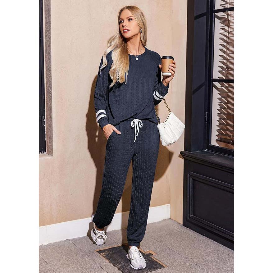 Ekouaer Lounge Sets for Women Ribbed Knit Outfits Pajamas Sets 2 Piece Long Sleeve Sweatsuits with Pockets