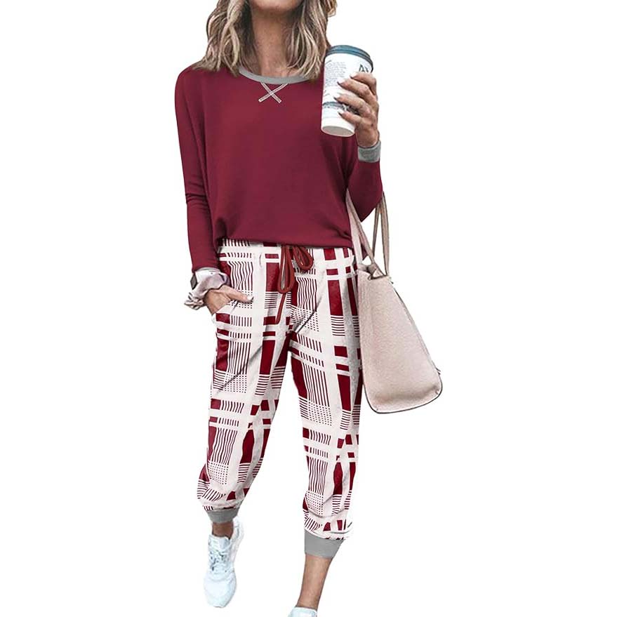 Ekouaer Women Pajamas Sets Long Sleeve with Plaid Pants Soft Sleepwear O Neck 2 Piece Pjs Joggers Loung Set with Pockets