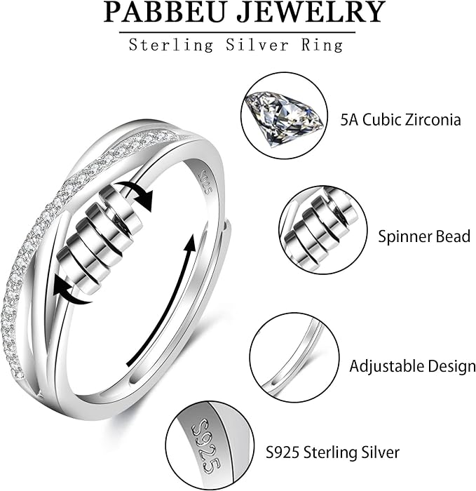 PABBEU Anxiety Ring for Women 925 Sterling Silver Fidget Ring With Cubic Zircon Adjustable Stress Spinner Anxiety Ring for Girls Women