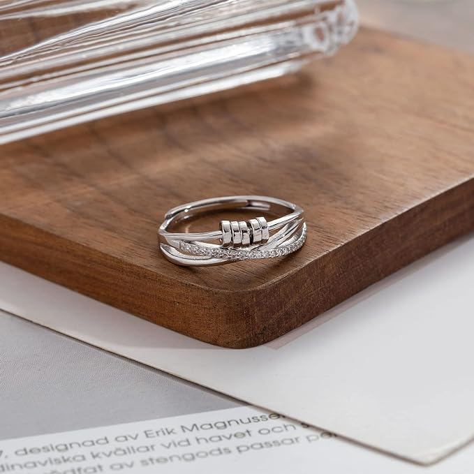 PABBEU Anxiety Ring for Women 925 Sterling Silver Fidget Ring With Cubic Zircon Adjustable Stress Spinner Anxiety Ring for Girls Women
