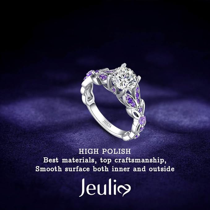 Jeulia 4.3 Carat Personalized Sterling Silver Butterfly Rings for Women Purple Amethyst Bridal Round Cut Wedding Engagement Eternity Valentine Promise Ring Set
